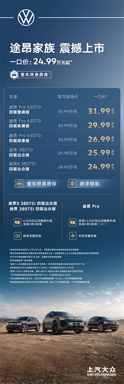 途昂 Pro 一口價(jià)26.99萬(wàn)元起！搭載第五代EA888發(fā)動(dòng)機(jī)，開啟全境旅程